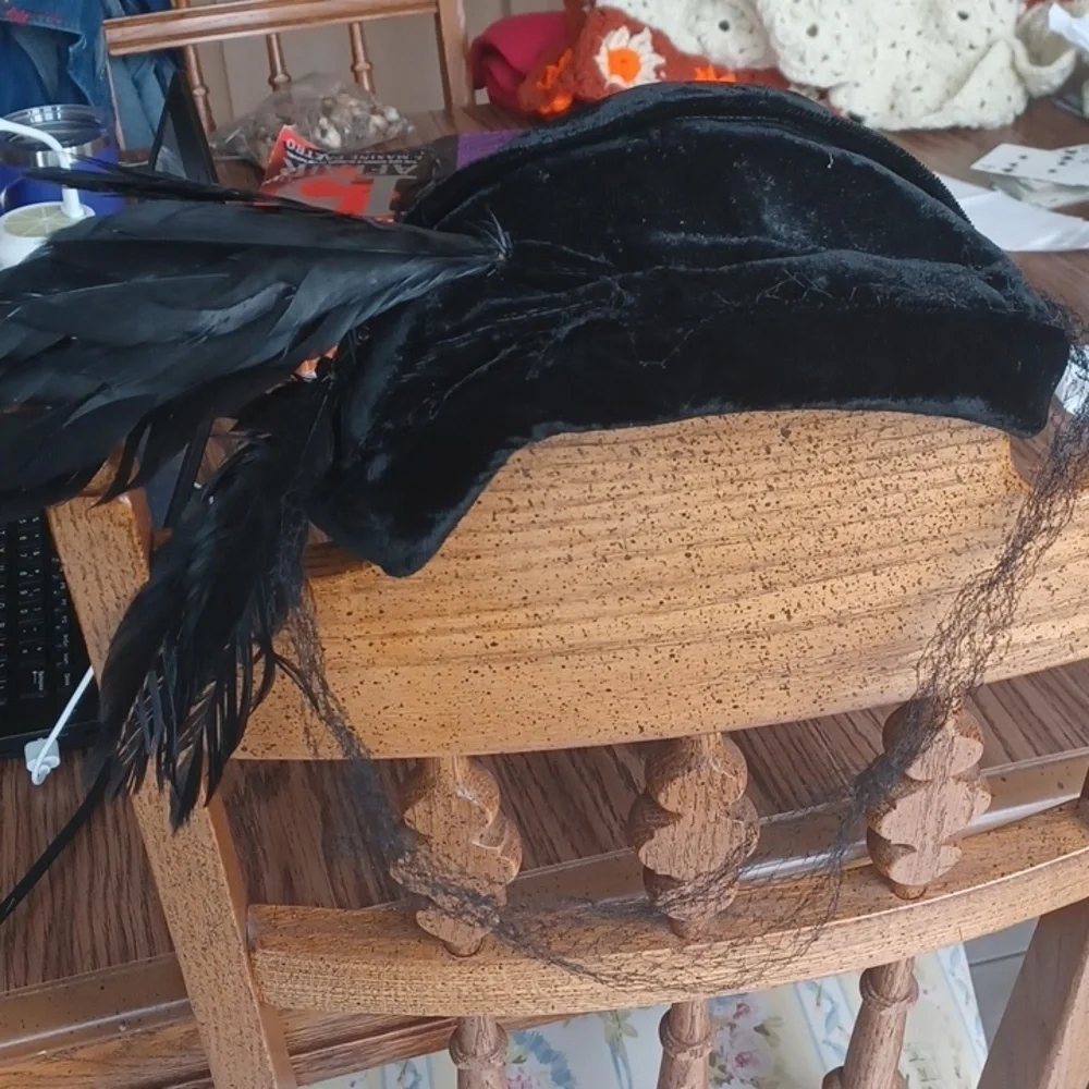 Vintage 1920's Black Velvet Hat with Raven Feathers